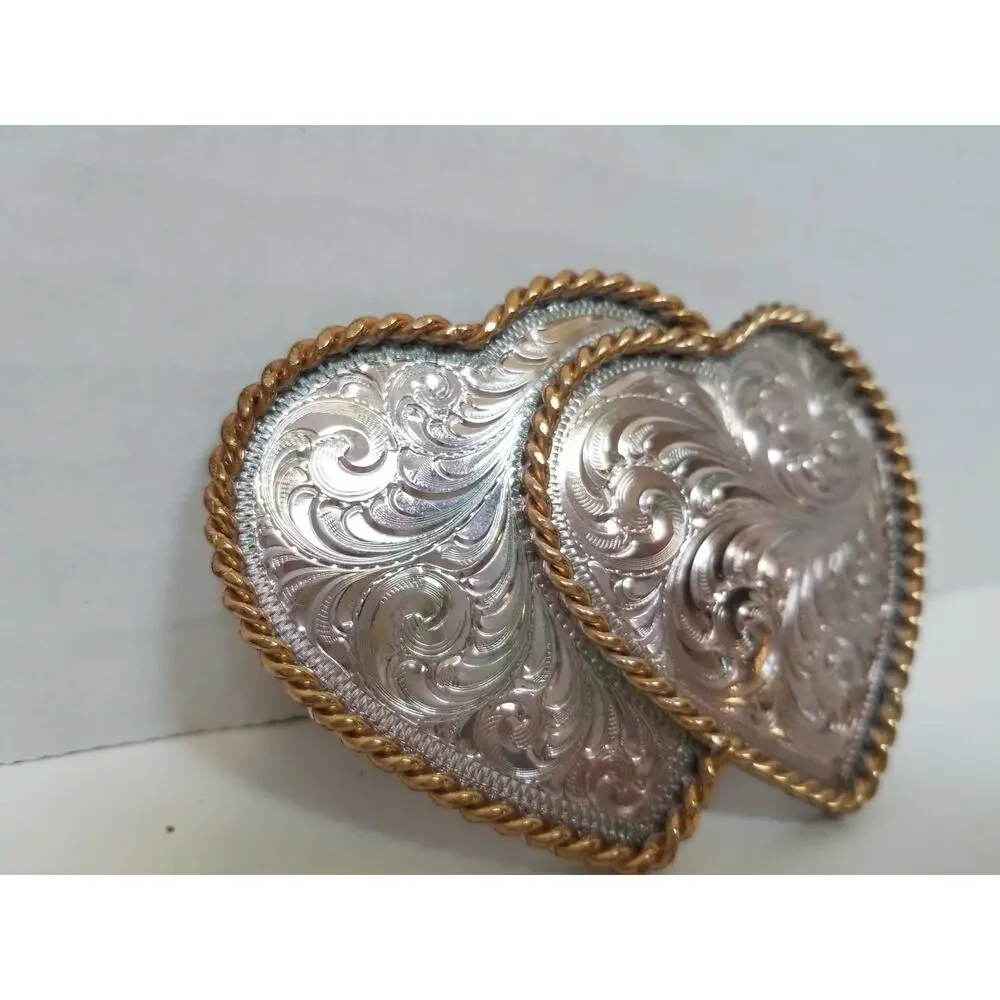 Montana Silversmiths Silver Gold Ornate Filigree Double Heart Buckle Vintage